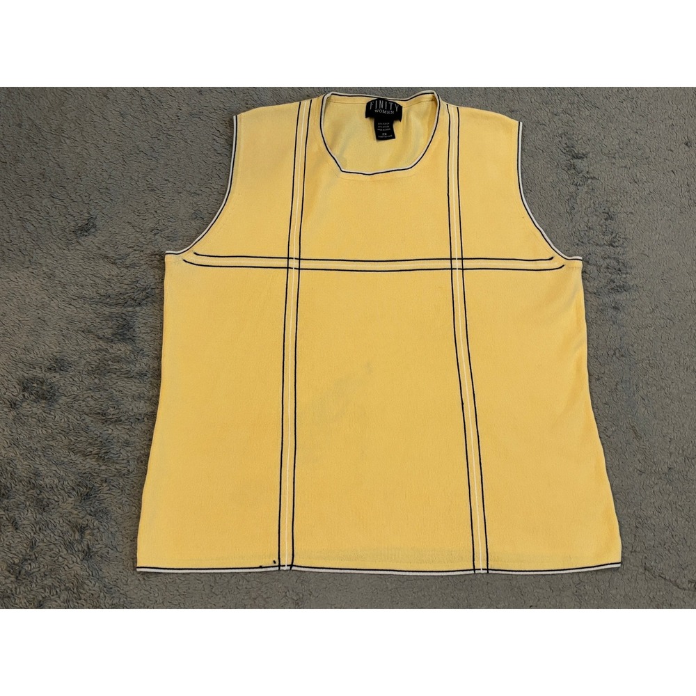 Finity Women Yellow Windowpane Knit Sleeveless Shell Top Plus Size 2X Crew Neck